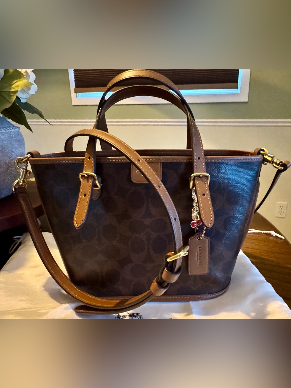 Coach Taxi Tote 22 Maple Signature coated canvas with leather accents.